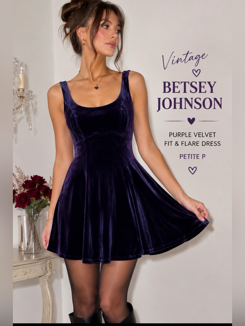 Vintage Betsey Johnson Purple Velvet Fit & Flare Mini Dress Petite P 90s Goth‎